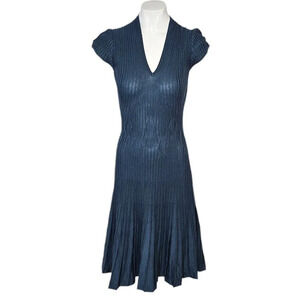 Peruvian Connection Ribbed Geometric Midi Dress Size XS Blue Stretch A-Line